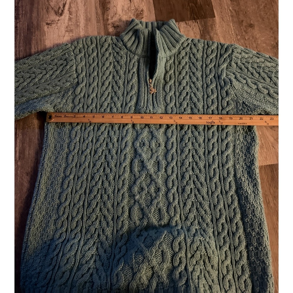 Aran Crafts Ireland Cable Knit Wool Sweater Women's L Half Zip Turquoise - Picture 4 of 4